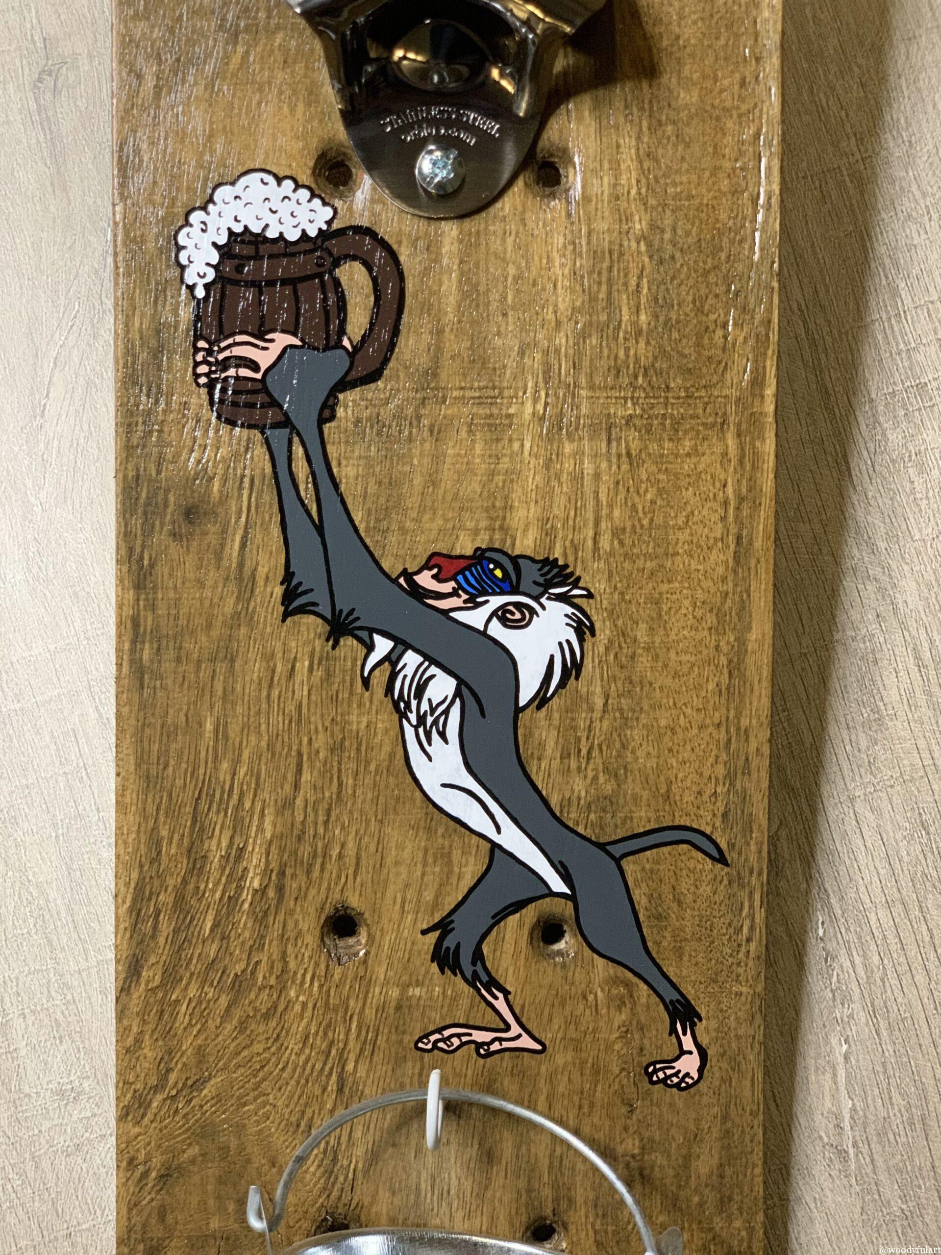 ancien skateboard enfant recyclé en décapsuleur personnalisé rafiki the king of beer - woodyfulart