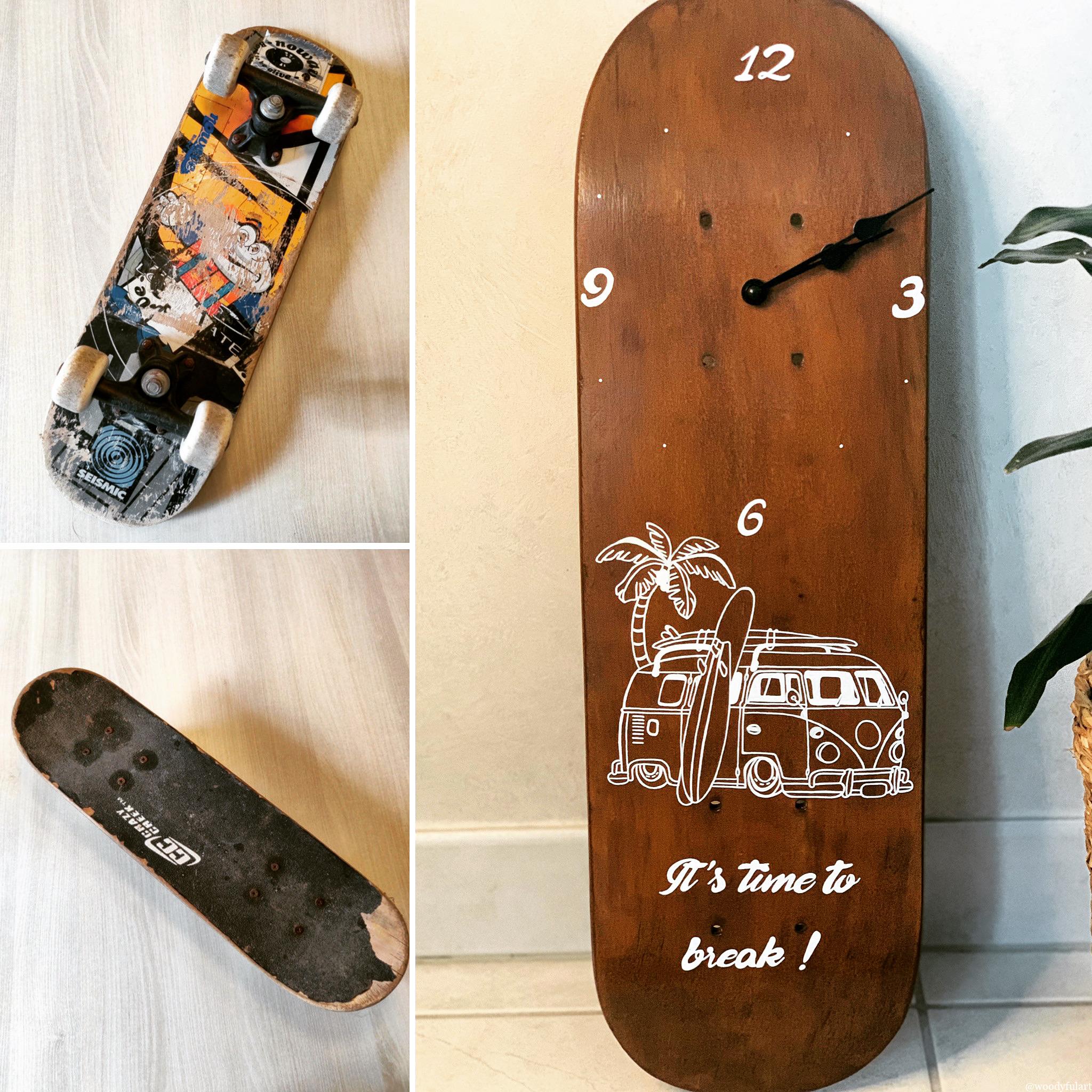 avant / après ancienne planche de skateboard enfant recyclée en horloge murale van volkswagen- woodyfulart