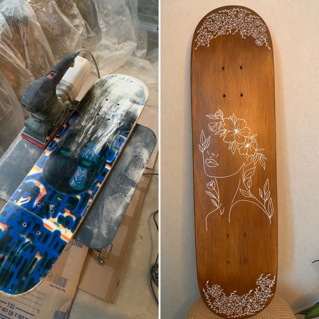 avant / après d'une ancienne planche de skateboard recyclée en objet de décoration - woodyfulart