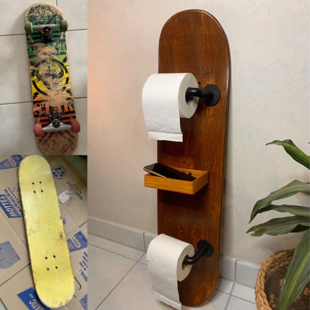 avant / après d'une ancienne planche de skateboard transformée en dérouleur de papier toilette - woodyfulart
