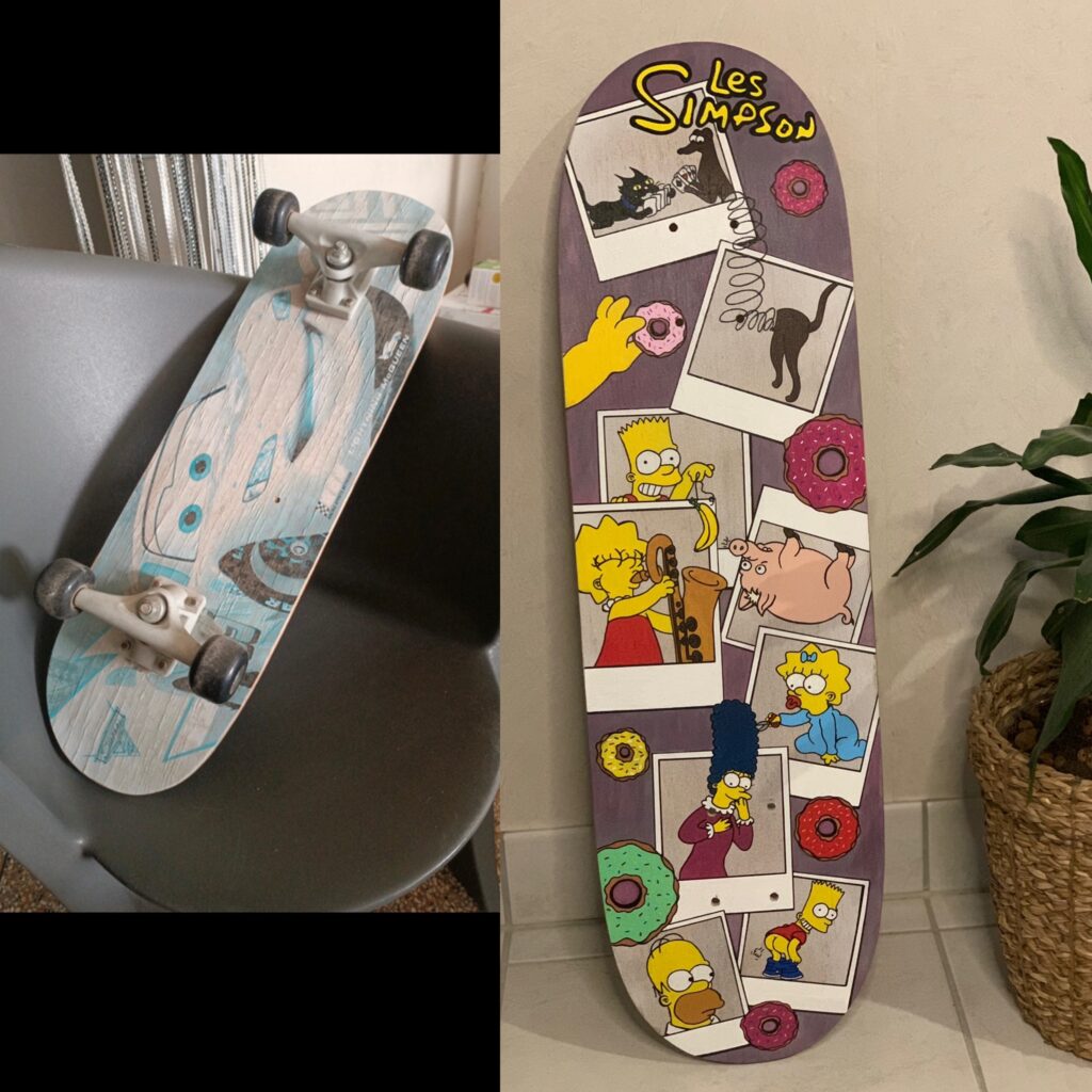 avant / après custom les simpson sur vieille planche de skateboard pour objet de décoration - woodyfulart