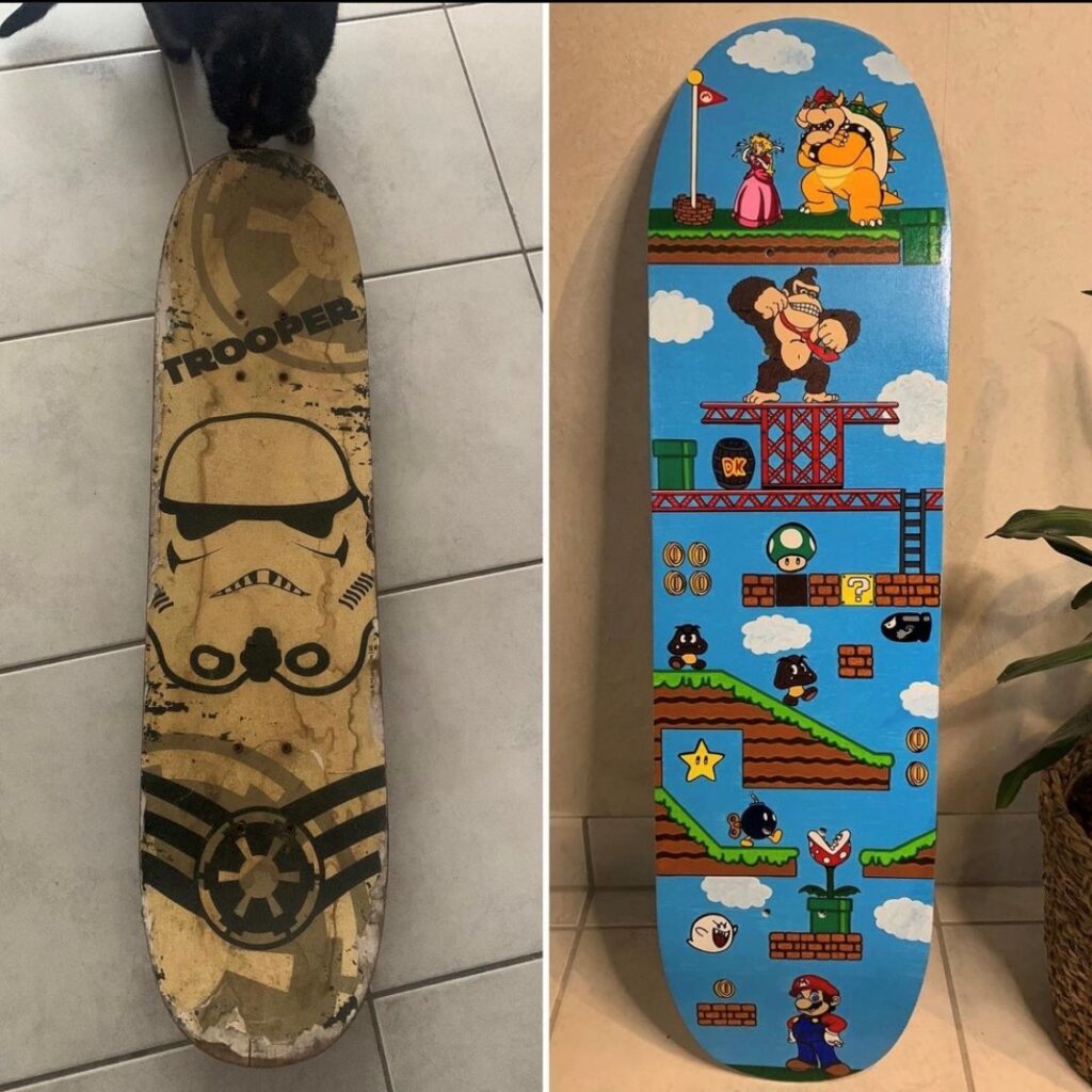 recyclage planche de skateboard en objet de décoration, custom mario - woodyfulart